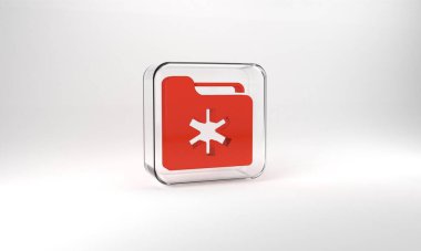 Red Medical health record folder for healthcare icon isolated on grey background. Patient file icon. Medical history symbol. Glass square button. 3d illustration 3D render.