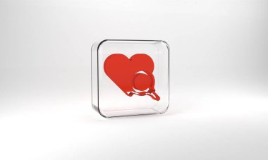 Red Medical heart inspection icon isolated on grey background. Heart magnifier search. Glass square button. 3d illustration 3D render.