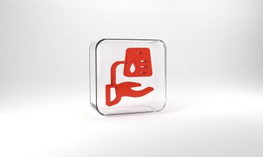Red Blood donation icon isolated on grey background. Glass square button. 3d illustration 3D render.