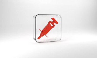 Red Syringe icon isolated on grey background. Syringe for vaccine, vaccination, injection, flu shot. Medical equipment. Glass square button. 3d illustration 3D render.