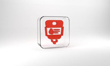 Red IV bag icon isolated on grey background. Blood bag. Donate blood concept. The concept of treatment and therapy, chemotherapy. Glass square button. 3d illustration 3D render.