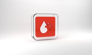 Red Blood test and virus molecule coronavirus icon isolated on grey background. Coronavirus, COVID-19. 2019-nCoV. Glass square button. 3d illustration 3D render.