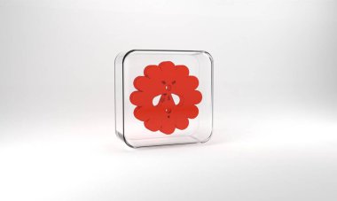 Red Bee on flower icon isolated on grey background. Sweet natural food. Honeybee or apis with wings symbol. Flying insect. Glass square button. 3d illustration 3D render.