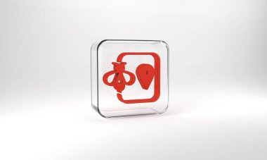 Red Bee location map pin pointer icon isolated on grey background. Farm animal map pointer. Glass square button. 3d illustration 3D render.