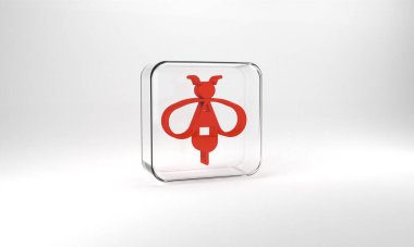 Red Bee icon isolated on grey background. Sweet natural food. Honeybee or apis with wings symbol. Flying insect. Glass square button. 3d illustration 3D render.