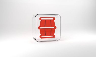 Red Wooden barrel with honey icon isolated on grey background. Glass square button. 3d illustration 3D render.