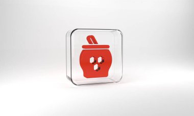 Red Jar of honey and honey dipper stick icon isolated on grey background. Food bank. Sweet natural food symbol. Honey ladle. Glass square button. 3d illustration 3D render.
