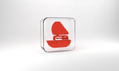 Red Yacht sailboat or sailing ship icon isolated on grey background. Sail boat marine cruise travel. Glass square button. 3d illustration 3D render.