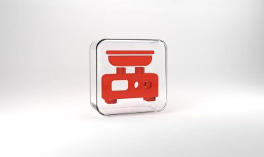 Red Electronic scales icon isolated on grey background. Weight measure equipment. Glass square button. 3d illustration 3D render.