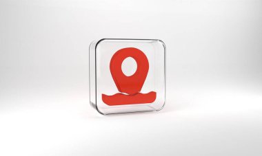 Red Location fishing icon isolated on grey background. Fishing place. Glass square button. 3d illustration 3D render.