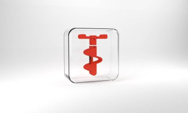 Red Hand ice drill for winter fishing icon isolated on grey background. Glass square button. 3d illustration 3D render.