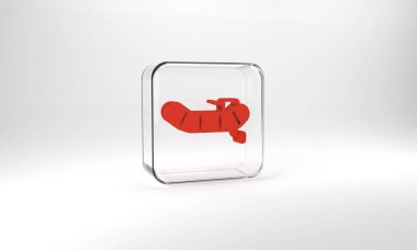 Red Inflatable boat with outboard motor icon isolated on grey background. Glass square button. 3d illustration 3D render.