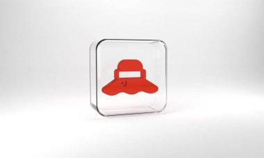 Red Fisherman hat icon isolated on grey background. Glass square button. 3d illustration 3D render.