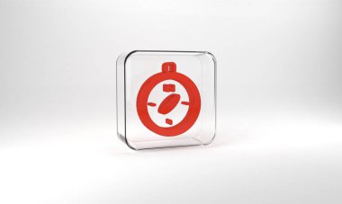 Red Compass icon isolated on grey background. Windrose navigation symbol. Wind rose sign. Glass square button. 3d illustration 3D render.