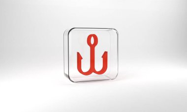 Red Fishing hook icon isolated on grey background. Fishing tackle. Glass square button. 3d illustration 3D render.