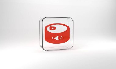 Red Canned fish icon isolated on grey background. Glass square button. 3d illustration 3D render.
