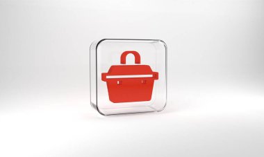 Red Case or box container for wobbler and gear fishing equipment icon isolated on grey background. Fishing tackle. Glass square button. 3d illustration 3D render.