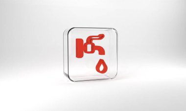 Red Water tap icon isolated on grey background. Glass square button. 3d illustration 3D render.