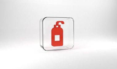 Red Bottle of liquid antibacterial soap with dispenser icon isolated on grey background. Antiseptic. Disinfection, hygiene, skin care. Glass square button. 3d illustration 3D render.