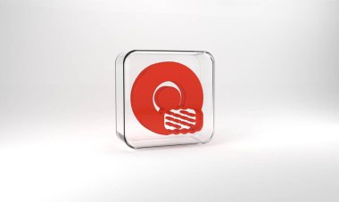 Red Washing dishes icon isolated on grey background. Cleaning dishes icon. Dishwasher sign. Clean tableware sign. Glass square button. 3d illustration 3D render.