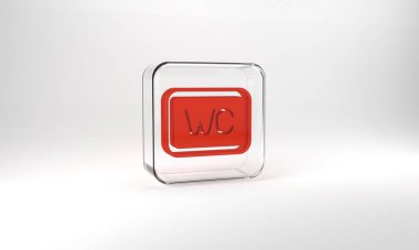 Red Toilet icon isolated on grey background. WC sign. Washroom. Glass square button. 3d illustration 3D render.