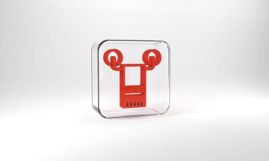 Red Towel on hanger icon isolated on grey background. Bathroom towel icon. Glass square button. 3d illustration 3D render.