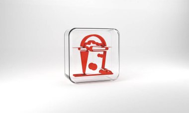 Red Bucket with foam and bubbles icon isolated on grey background. Cleaning service concept. Glass square button. 3d illustration 3D render.
