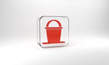 Red Bucket icon isolated on grey background. Glass square button. 3d illustration 3D render.