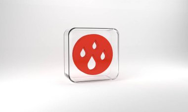 Red Water drop icon isolated on grey background. Glass square button. 3d illustration 3D render.