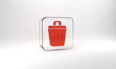 Red Trash can icon isolated on grey background. Garbage bin sign. Recycle basket icon. Office trash icon. Glass square button. 3d illustration 3D render.