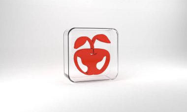 Red Apple icon isolated on grey background. Excess weight. Healthy diet menu. Fitness diet apple. Glass square button. 3d illustration 3D render.