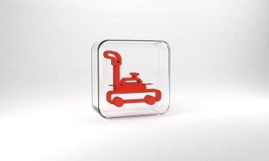 Red Lawn mower icon isolated on grey background. Lawn mower cutting grass. Glass square button. 3d illustration 3D render.