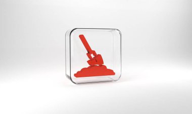 Red Shovel in the ground icon isolated on grey background. Gardening tool. Tool for horticulture, agriculture, farming. Glass square button. 3d illustration 3D render.