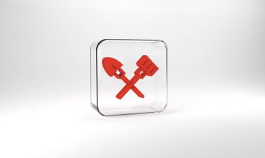 Red Shovel and rake icon isolated on grey background. Tool for horticulture, agriculture, gardening, farming. Ground cultivator. Glass square button. 3d illustration 3D render.