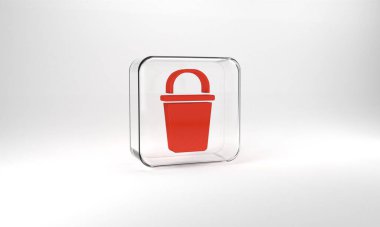 Red Bucket icon isolated on grey background. Cleaning service concept. Glass square button. 3d illustration 3D render.