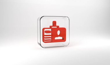 Red Identification badge icon isolated on grey background. It can be used for presentation, identity of the company, advertising. Glass square button. 3d illustration 3D render.