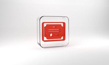 Red Certificate template icon isolated on grey background. Achievement, award, degree, grant, diploma concepts. Glass square button. 3d illustration 3D render.