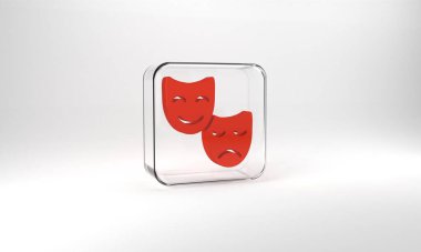 Red Comedy and tragedy theatrical masks icon isolated on grey background. Glass square button. 3d illustration 3D render.