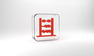 Red Abacus icon isolated on grey background. Traditional counting frame. Education sign. Mathematics school. Glass square button. 3d illustration 3D render.