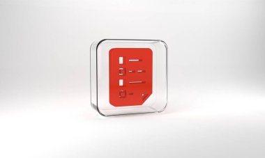Red Clipboard with checklist icon isolated on grey background. Control list symbol. Survey poll or questionnaire feedback form. Glass square button. 3d illustration 3D render.