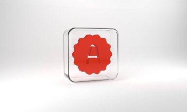 Red Exam sheet with A plus grade icon isolated on grey background. Test paper, exam, or survey concept. School test or exam. Glass square button. 3d illustration 3D render.