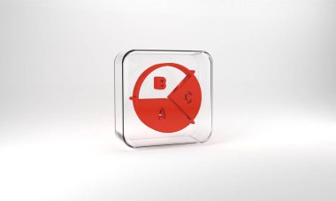 Red Pie chart infographic icon isolated on grey background. Diagram chart sign. Glass square button. 3d illustration 3D render.
