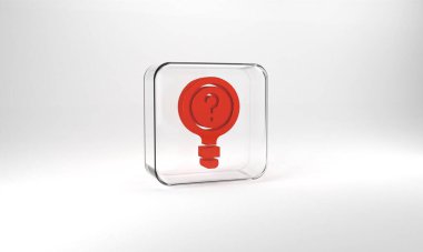 Red Unknown search icon isolated on grey background. Magnifying glass and question mark. Glass square button. 3d illustration 3D render.