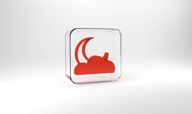 Red Moon and stars icon isolated on grey background. Cloudy night sign. Sleep dreams symbol. Full moon. Night or bed time sign. Glass square button. 3d illustration 3D render.