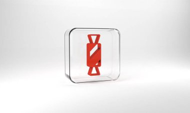 Red Candy icon isolated on grey background. Happy Halloween party. Glass square button. 3d illustration 3D render.