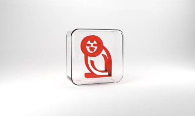 Red Owl bird icon isolated on grey background. Animal symbol. Glass square button. 3d illustration 3D render.