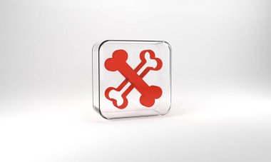 Red Crossed bones icon isolated on grey background. Pets food symbol. Happy Halloween party. Glass square button. 3d illustration 3D render.