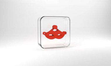 Red Carnival mask icon isolated on grey background. Masquerade party mask. Glass square button. 3d illustration 3D render.