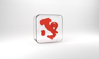 Red Map of Italy icon isolated on grey background. Glass square button. 3d illustration 3D render.