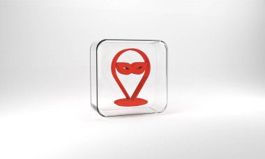 Red Carnival mask icon isolated on grey background. Masquerade party mask. Glass square button. 3d illustration 3D render.